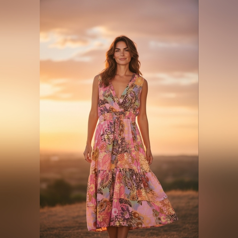 Chaudry Sleeveless Pink Floral V-Neck Midi Dress Sz M  NWT